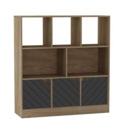 Asymmetrical 8 Cube Oak Freestanding Bookcase Shelf Storage Unit with 3 Doors Black Line Design Doors - Black 1