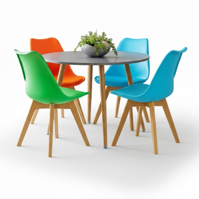 Wooden Grey Shade Round Dining Table Set with A Set Of 4 Mixed Colour Tulip Chairs