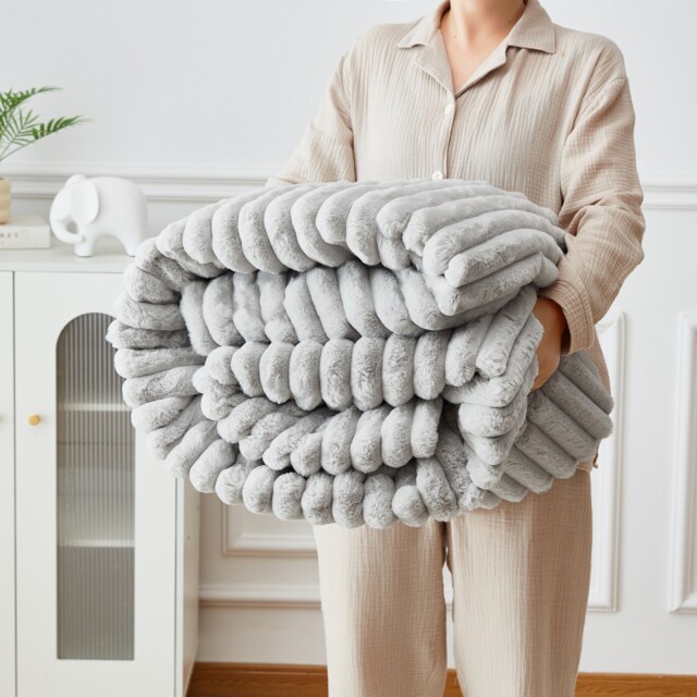 Groundlevel Super Soft Luxury Faux Rabbit Fur Stripe Throw Blanket Silver Silver
