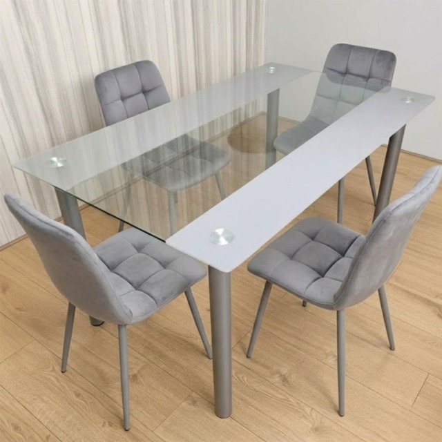 Grey Clear Glass Dining Table With 4 Grey Tufted Velvet Chairs Dining Set