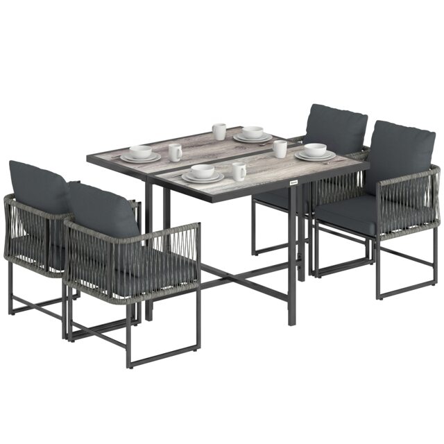 Outsunny 4-Seater Garden Dining Set with Space-Saving Chairs, Black Grey Dark Grey 108 cm x 108 cm x 72.5 cm