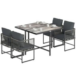 Outsunny 4-Seater Garden Dining Set with Space-Saving Chairs, Black Grey Dark Grey 108 cm x 108 cm x 72.5 cm