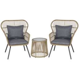 Outsunny 3 Pieces Rattan Bistro Set, Wicker Garden Furniture Set with Cushions, Glass Top Coffee Table and Chairs for Outdoor, Patio, Balcony, Brown