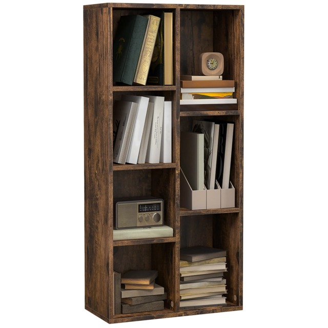 HOMCOM 3 Tier Bookshelf, Modern Cube Bookcase with 7 Open Storage Compartments, Freestanding Display Storage Unit for Living Room, Bedroom, Study, Rustic Brown