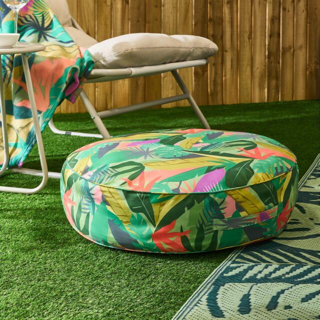OHS Palm Print Round Outdoor Garden Cushion Water Resistant Green