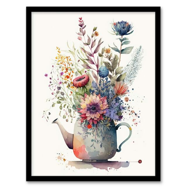 Quirky Wildflower Flower Bouquet Tea Pot Vase Black Framed Wall Art Print A4