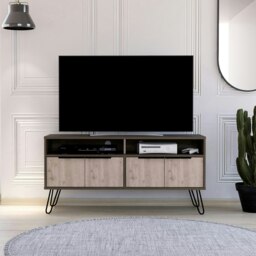 Nevada Smoked Oak Wide 4-Door TV Unit - Modern Media Cabinet with Storage, Shelves, and Hairpin Legs Brown Brown 1