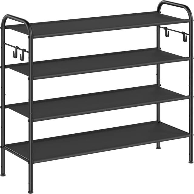 4-Tier Fabric Shoe Rack, Adjustable Shelf Organizer with Hooks for Closet, Hallway, or Entryway, Ink Black