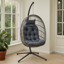 Grey Rattan Hanging Egg Chair with Stand & Cushions for Indoor Use