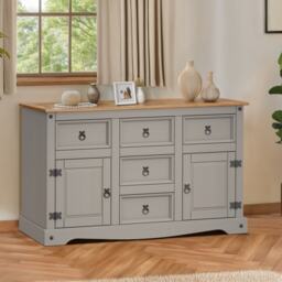Mercers Furniture Corona Grey Wax Large 2 Door 5 Drawer Sideboard Cabinet Cupboard Solid Wood Pine Wooden Dresser with Mexican Styling