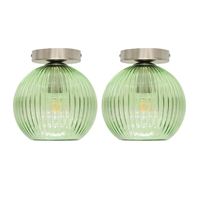 Set of 2 Betchley - Green Glass Globe Satin Nickel Ceiling Lights
