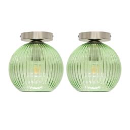 Set of 2 Betchley - Green Glass Globe Satin Nickel Ceiling Lights