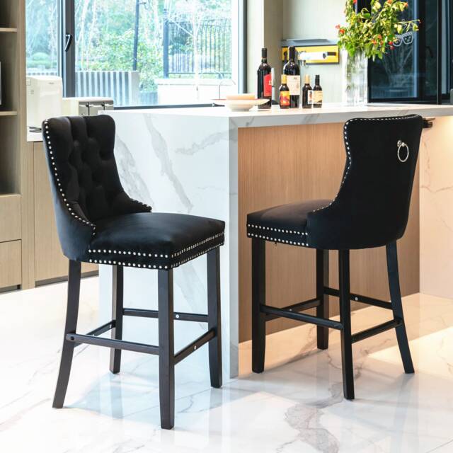 Romsey Set of 2 Modern Velvet Bar Stools with Wood Legs