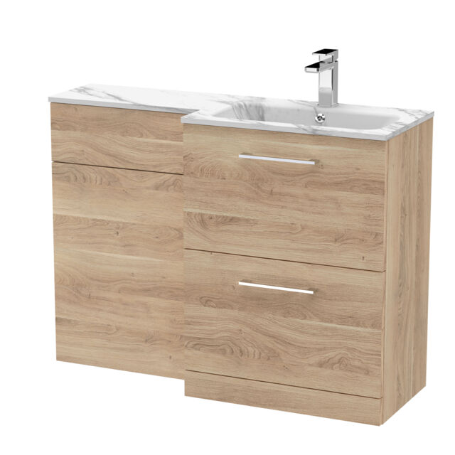 Balterley Bramshall Contemporary Floor Standing 2 Drawer Vanity Basin WC Combination Unit, Carrera Marble Stone Basin, Right Hand, 1100mm, Bleached