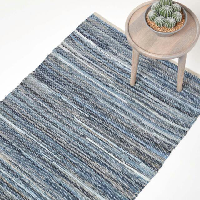 Homescapes Blue Denim Handwoven Striped Chindi Rug - 60 x 90 cm Blue Blue