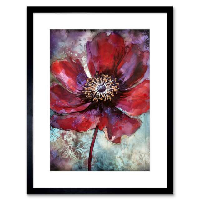 "Red Anemone Flower Bloom Watercolour 9x7"" Black Framed Wall Art Print"