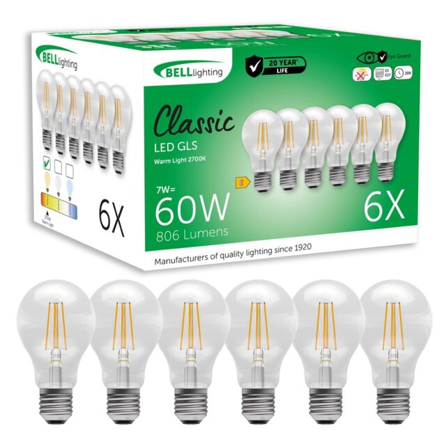 BELL Lighting E27 LED Filament GLS 7W Energy Saving Light Bulb White Warm White - 2700K 6