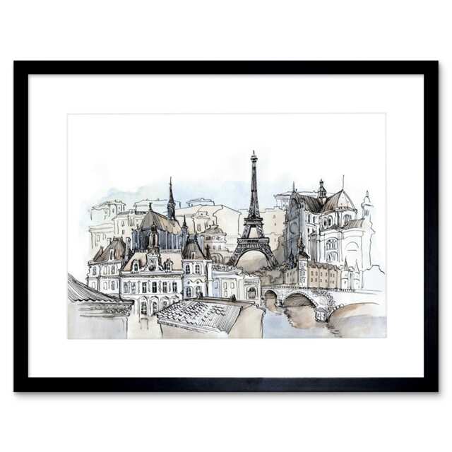 "France Eiffel Tower Paris Cityscape Ink 9x7"" Black Framed Wall Art Print"