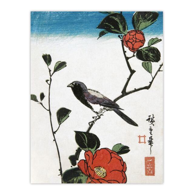 "Japanese Bird On Camellia Branch Vintage Wall Art Print Hiroshige 24x32"""