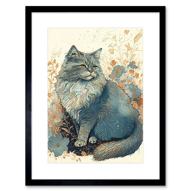 "Fluffy Cat Wildflowers Teal Orange Watercolour 9x7"" Black Framed Wall Art Print"