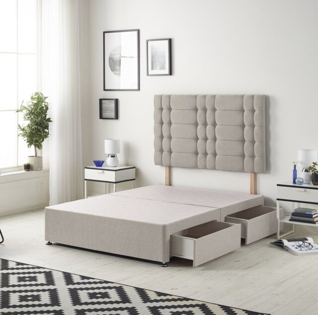Astoria Divan Bed Base with 2 Drawers & 30 Inch Diamante Headboard in Plush Velvet Silver Silver King