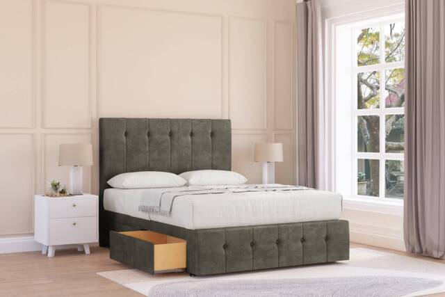"Sloomy Cambridge Pewter Dumfries Divan Bed With Mattress 2 Drawers Left Side With 26"" Strutted Headboard & 12"" Matching Footboard 5' King Grey Pewter King 1"