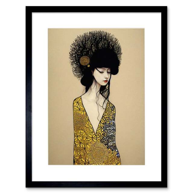 Golden Geisha Girl Abstract Elegant Painting Artwork Framed Wall Art Print