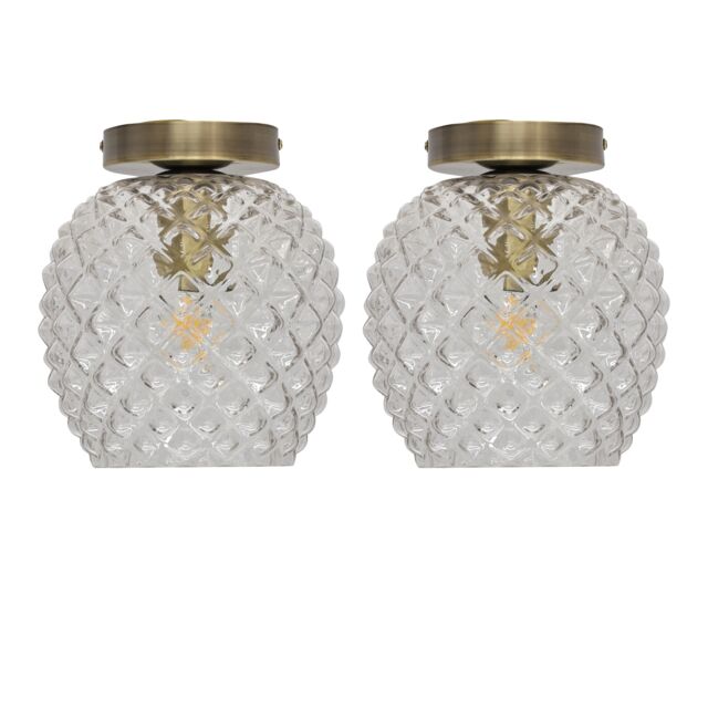 Set of 2 Baine - Textured Glass Antique Brass Ceiling Light Fittings
