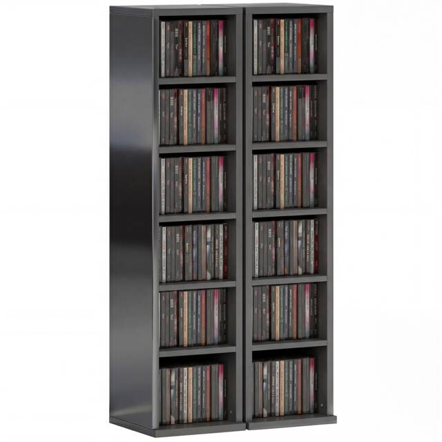 HOMCOM Set of 2 CD Storage Units DVD Shelf with Adjustable Shelves Black High Gloss Black 21W x 22.5D x 88.5H cm