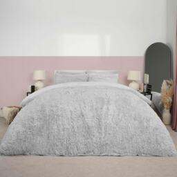 OHS Shaggy Faux Fur Teddy Fleece Duvet Cover and Pillowcase Set, Single - Silver