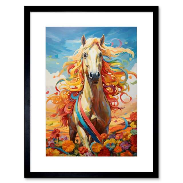 "Girls Bedroom Nursery Fantasy Horse Colourful Mane 9x7"" Black Framed Wall Art Print"