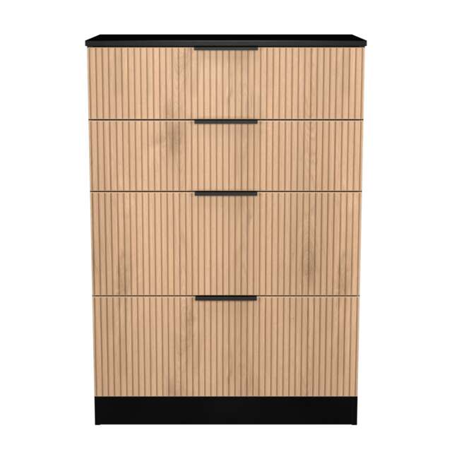 Crete 4 Drawer Deep Chest of Drawers in Slatted Effect & Black (Ready Assembled) Black Slatted Effect / Black