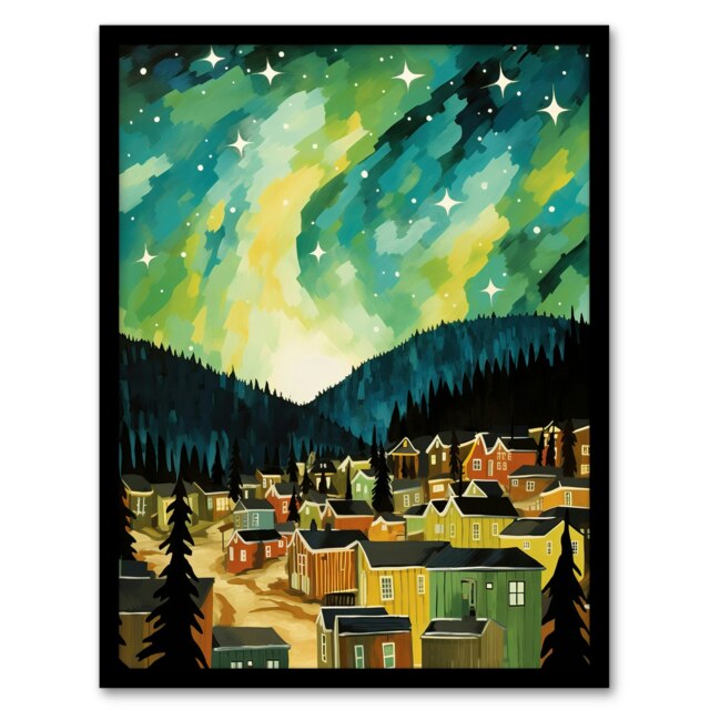 Yukon Northern Lights Green Teal Home Decor Black Framed Wall Art Print A4