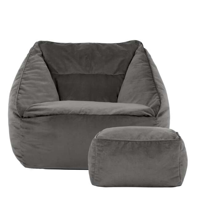 Natalia Velvet Adults Bean Bag Armchair and Pouffe, Ready Filled Large Beanbag and Footstool Charcoal Grey Grey Charcoal Grey XL 2