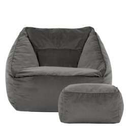 Natalia Velvet Adults Bean Bag Armchair and Pouffe, Ready Filled Large Beanbag and Footstool Charcoal Grey Grey Charcoal Grey XL 2