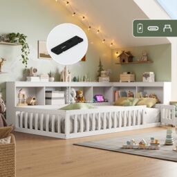 VILUXE 3ft Single Floor Bed Frame with Beside Bookcase and Storage Shelves, Full Floor Bed Frame with Guardrails and Door for Bedroom, USB and Type - C Ports, White