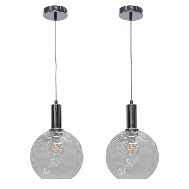 Set of 2 Barnum - Clear Dimple Glass Globe Chrome Deco Pendants