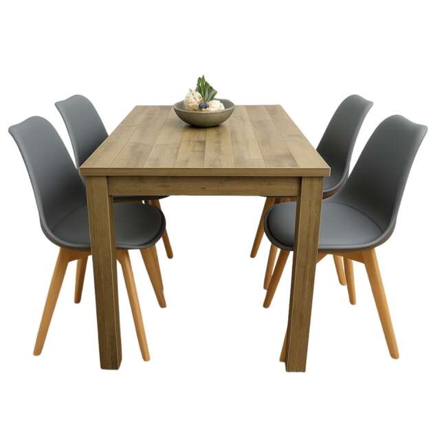 Dining Table and 4 Chairs Rustic Effect Wood Table 4 Grey Plastic Chairs Dining Room
