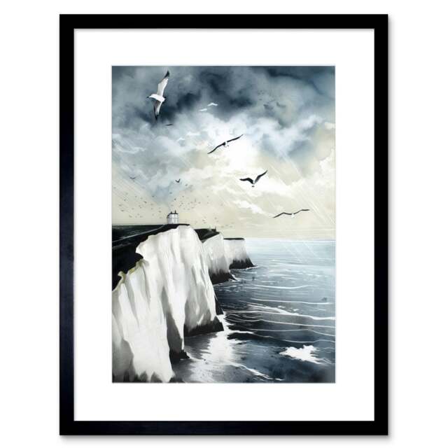 "Seagulls Flying Over White Cliffs of Dover England 9x7"" Black Framed Wall Art Print"