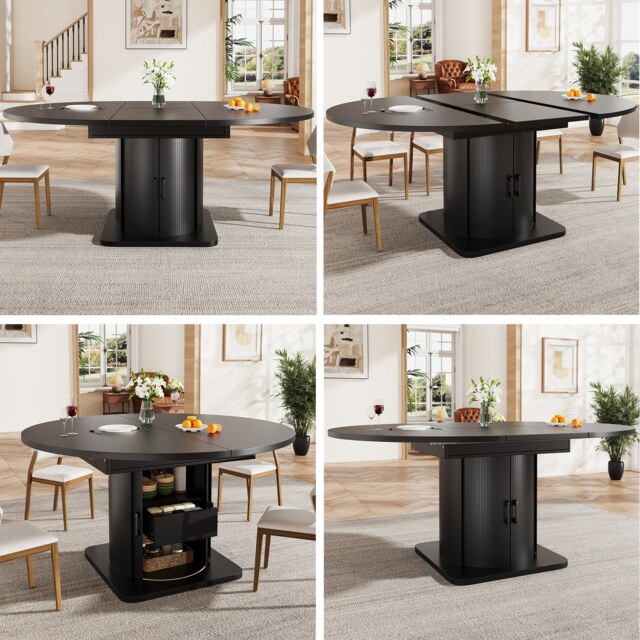 VILUXE 118-158 cm Extendable Round-to-Oval Dining Table with Storage, MDF Tabletop, Seats up to 6, Black