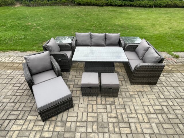 Fimous Wicker PE Rattan Outdoor Garden Furniture Sets Height Adjustable Rising lifting Dining Table Reclining Chair Sofa Set with 2 Side Tables 3 Footstools Dark Grey Mixed
