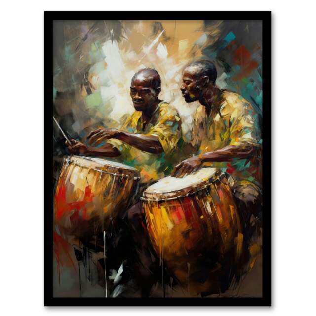 African Drum Players Oil Orange Yellow Home Decor Black Framed Wall Art Print A4