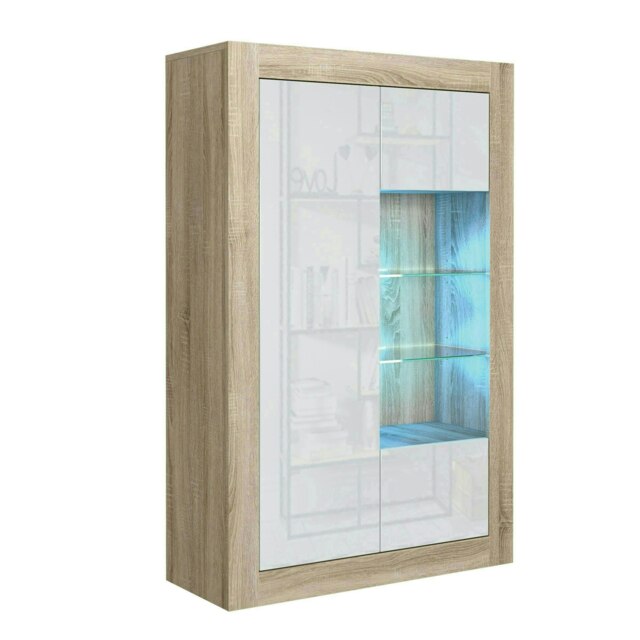 Display Cabinet 93cm White Gloss Doors Oak Matt Body Free LED Multi Oak