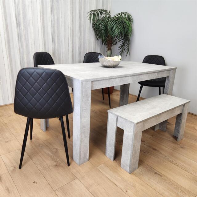 Dining Table Set with 4 Black Faux Leather Chairs and Bench, Stone Grey Finish