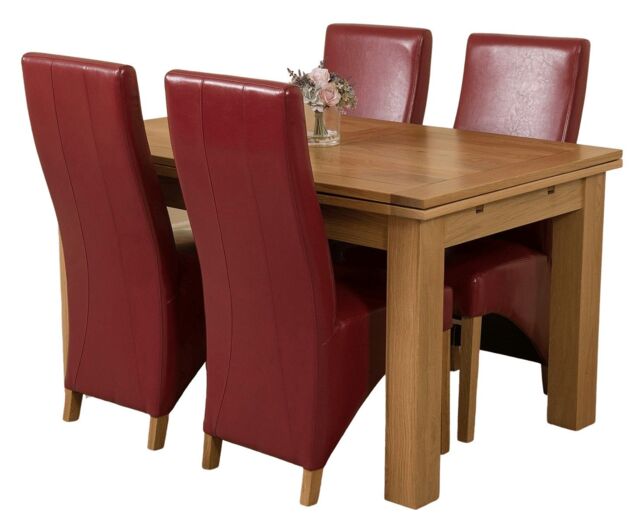 Richmond 140-220cm Oak Extending Dining Table and 4 Lola Leather Chairs Red Red