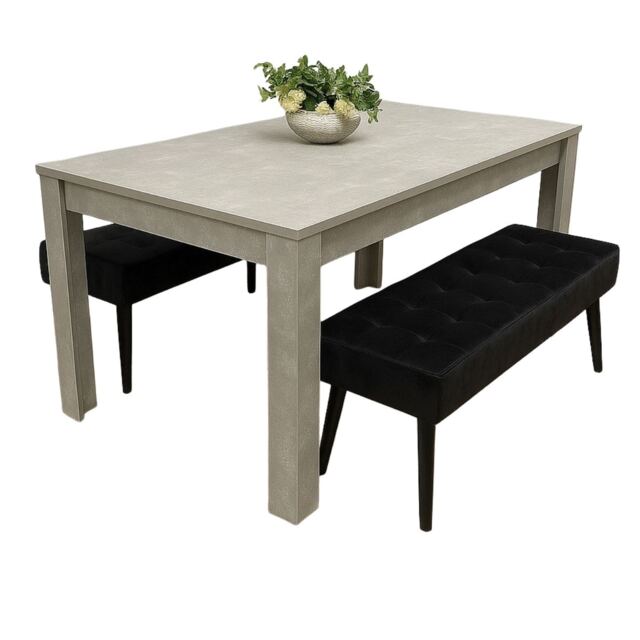 Stone Grey Effect Wood Dining Table Set with 2 Black Velvet Benches Stylish Dining Room Furniture