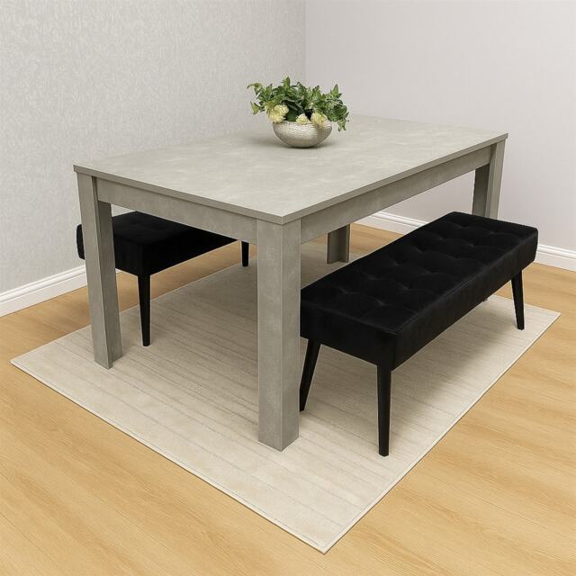 Stone Grey Effect Wood Dining Table Set with 2 Black Velvet Benches Stylish Dining Room Furniture