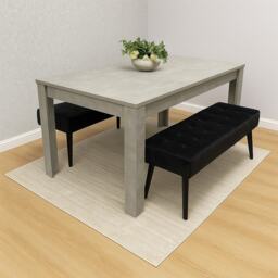 Stone Grey Effect Wood Dining Table Set with 2 Black Velvet Benches Stylish Dining Room Furniture
