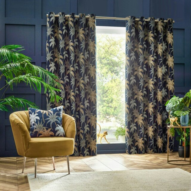 Wylder Galapagos Jacquard Navy Eyelet Curtains (W)168cm x (W)229cm Multi