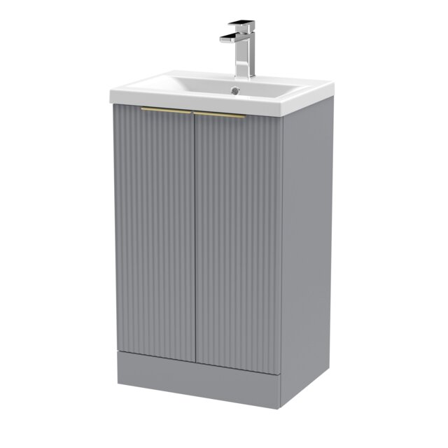 Balterley Fluted Front Floor Standing 2 Soft Close Door Bathroom Vanity Unit with 1 Tap Hole Basin, Handles Grey Satin Grey